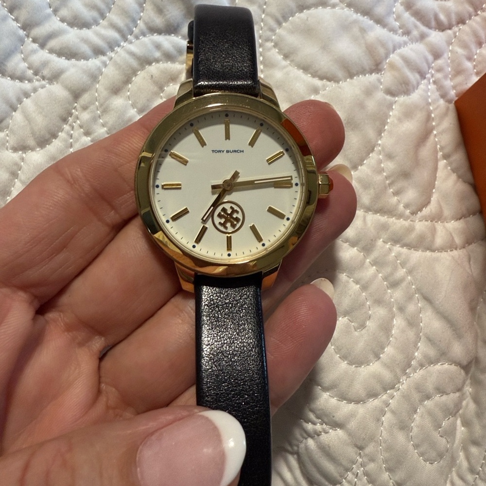 Tory Burch Black leather band Gold watch